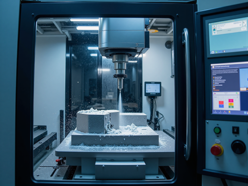 CNC machining equipment in industrial setting with precision tools and metal components being manufactured