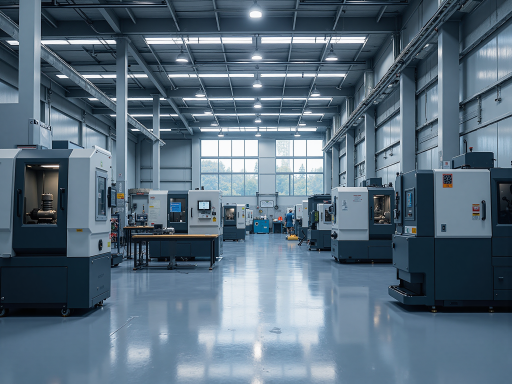 Modern manufacturing facility with CNC machines and industrial equipment in operation